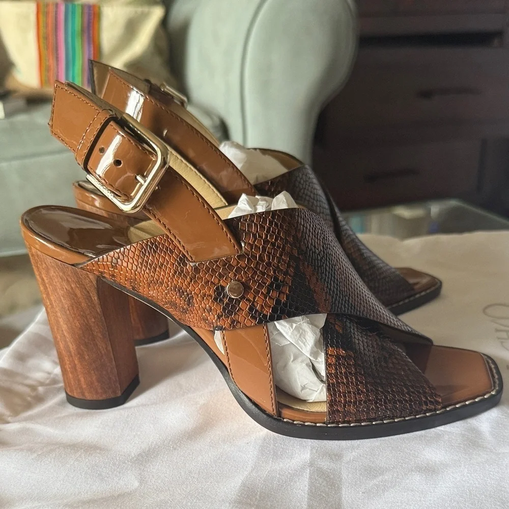 NWT Jimmy Choo Aix 85 Snake Printed Leather Sandals in Cuoio, Size 35.5